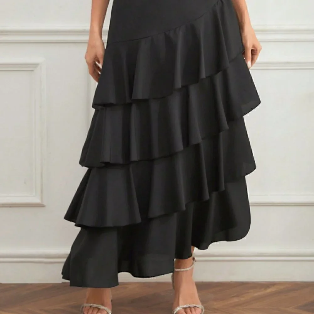 Black Preppy Women's Multi-Layer Ruffle Hem Midi Skirt
